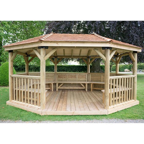 20'x15' (6 x 4.7m) Premium Oval Furnished Wooden Garden Gaxebo with New England Cedar Roof - Seats up to 27 people