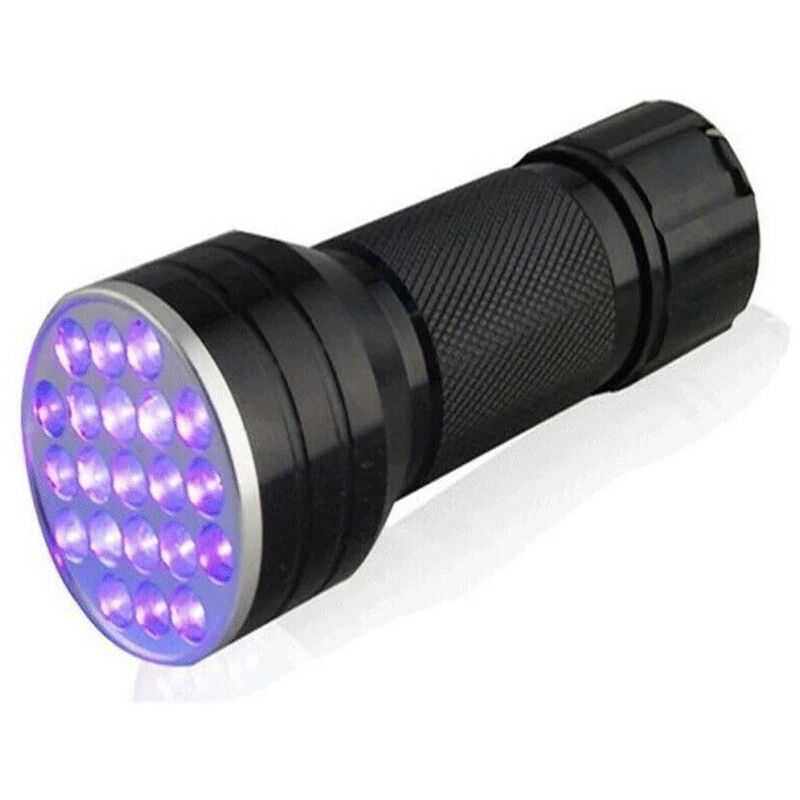 

21 LED 395nm Detector de linternas UV para mascotas Orina y manchas Mini linterna de mano multifuncional con pilas, Negro