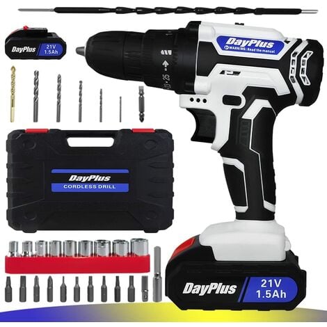 DAYPLUS 21 Volt Drill 2 Speed Electric Cordless Drill/Driver with Bits Set & Battery ，25+1 Torque, 2 Speed, LED Light