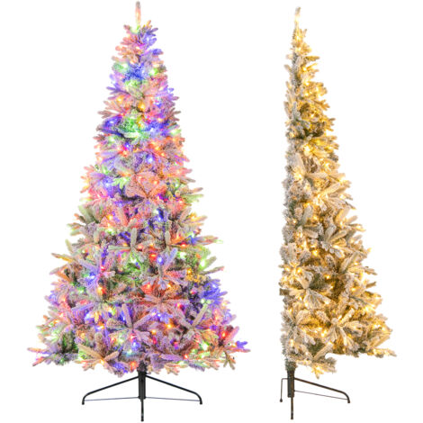 210 CM Sapin de Noël Artificiel Demi-Forme, Pré-Éclairé, Floqué de Neige avec 852 Branches, 240 LED Blanc Chaud & Multicolores, 9 Modes, Télécommande