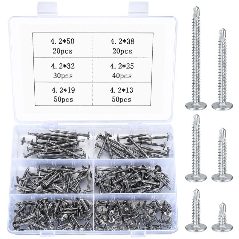 210 Pcs Vis Autotaraudeuse, Vis à Tête Plate en Métal, Vis à Tête Cylindrique, Vis Autoperceuses pour Métal, Fixation de Tôle - 4,2 mm x