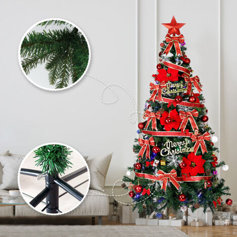 210cm Sapin de Noël Artificiel, Arbre de Noël Artificiel pour Décoration de Noël Matériau PVC, avec Décorations de Noël Rouges, Pied en Métal