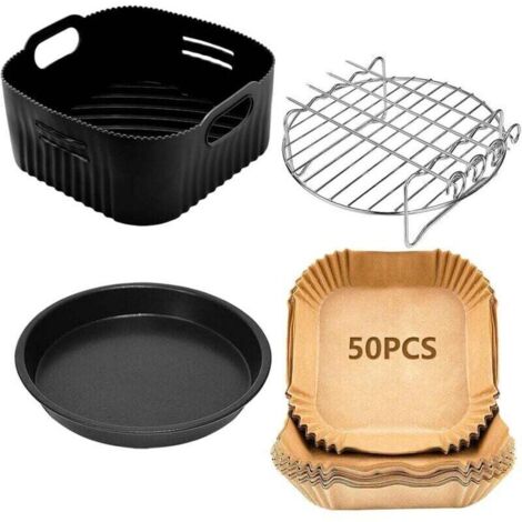 21CM Accessoires Air Fryer Compatible pour Philips XL 6,2L, COSORI 5,5L 4,7L, Cecotec 5,5L 6L, 4PCS Réutilisable Moule Silicone Air Fryer, Plateau à pizza, Grille, Papier Cuisson Air Fryer