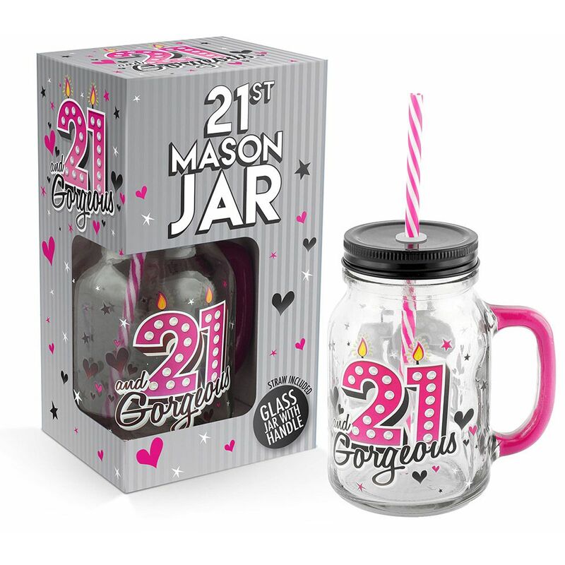 21st Birthday Mason Jar With Metal Lid Glass Handle and Pink/White Straw - Pink