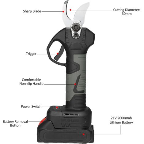 21V Cisqueurs de taille électrique sans fil portables avec boîtier de transport 2000mAh Batterie au lithium et chargeur Branche alimentée Branche Garden Clippers de 30 mm Diamètre de coupe 30 mm