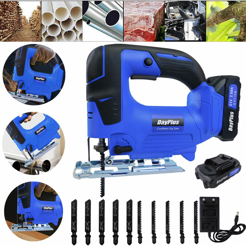 21V Cordless Jigsaw Power Tool with 10pcs Saw Blades, 2600 spm Jig Saw with 2.0Ah Battery and Charger, 4 Orbital Setting & �I45�� Adjustable Bevel