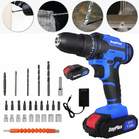 21V Cordless Lithium-ion Drill Electric Driver Electric Wall Drill Home Tool Set DIY Home Drill, 2x Lithium-Ion Batteries, 3/8'' Chuck, 25+1 Torque, LED Light, 2 Speed