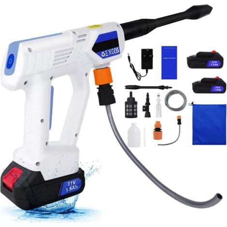 21V Cordless Power Washer Gun with 2 Batteries 1.5Ah, Portable High Pressure Washer Cleaner Gun Cordless Jet Washer with 2 Nozzles and 5M/25CM Hose Kits for Patio Cleaning Car Washing Garden Watering