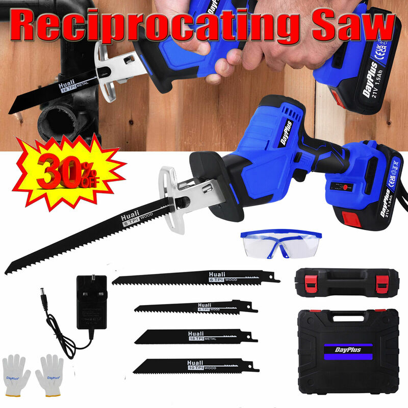 Day Plus - 21V Cordless Reciprocating Saw Recip Wood Cutting 4 Blades With Li-Ion Battery