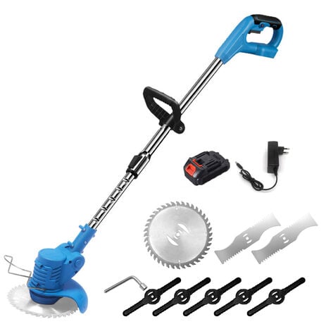 21V Coupe-bordure à batterie avec 5 lames en plastique / 2 lames en acier inoxydable / 1 lame de scie circulaire en alliage, 1 Batterie
