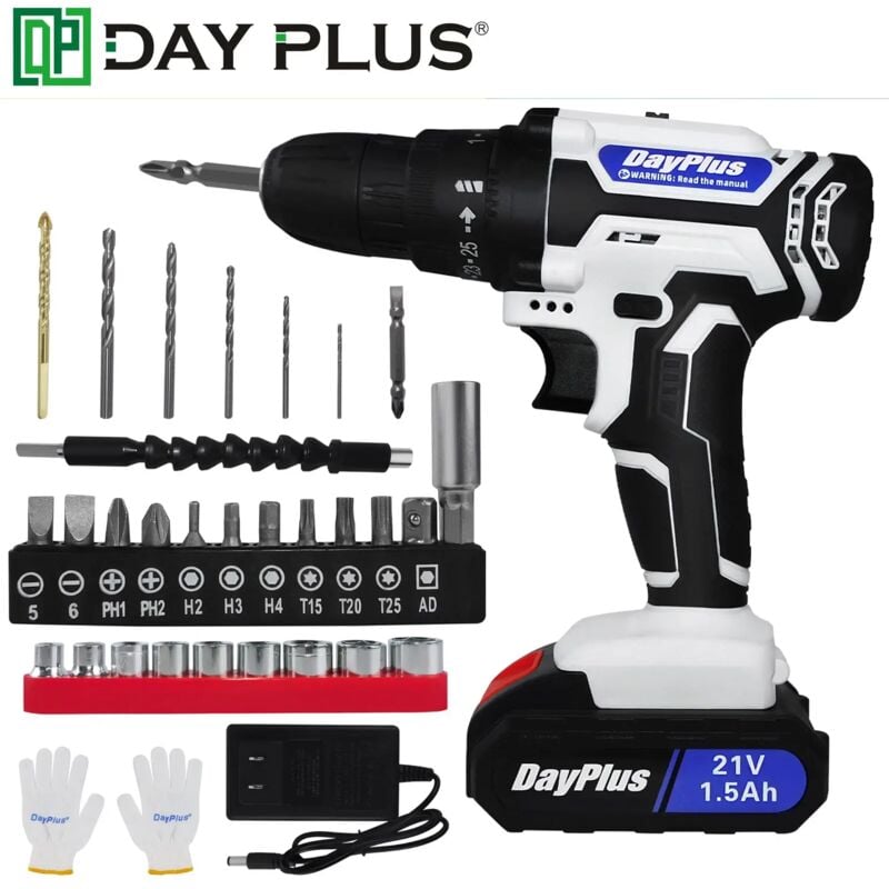 21V Perceuse sans fil tournevis électrique Pilote sans fil 25+1 couple élevé 45 N.m