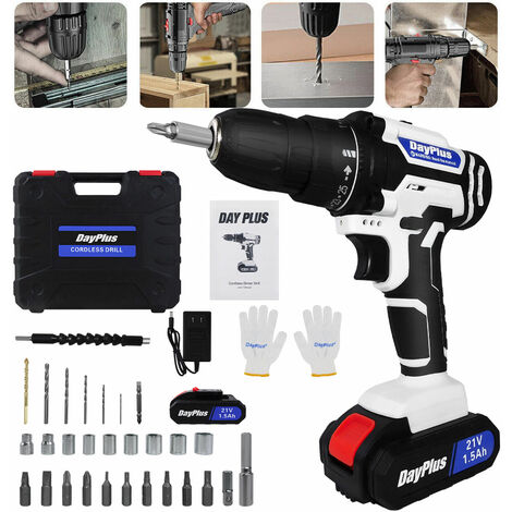 21V Portable Cordless Power Drill Set Impact Screw Driver with 1500mAh Li-Ion Rechargeable Battery 25+1 Torque Setting 45N.m Variable Speed Control with LED Light, 29PCS Accessories, Carrying Case