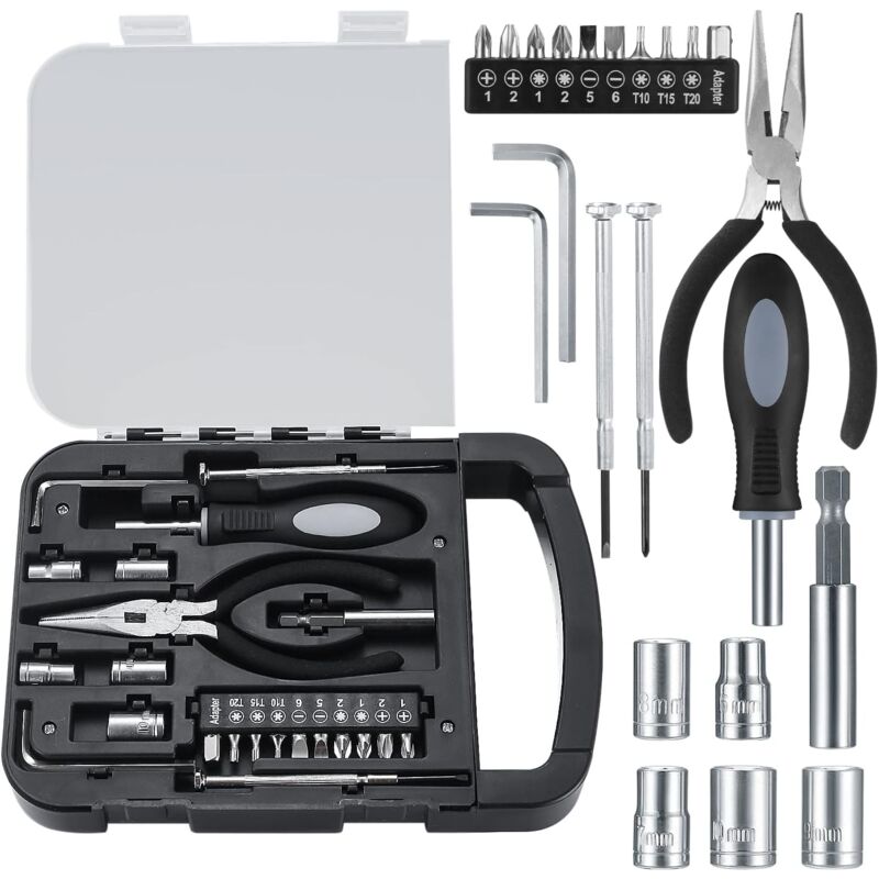22 Pièces Boîte à Outils Complète, Mallette Outils, Coffret à Outils Complet, Boîte à Outils Portable avec Jeu de Tournevis de Precision pour