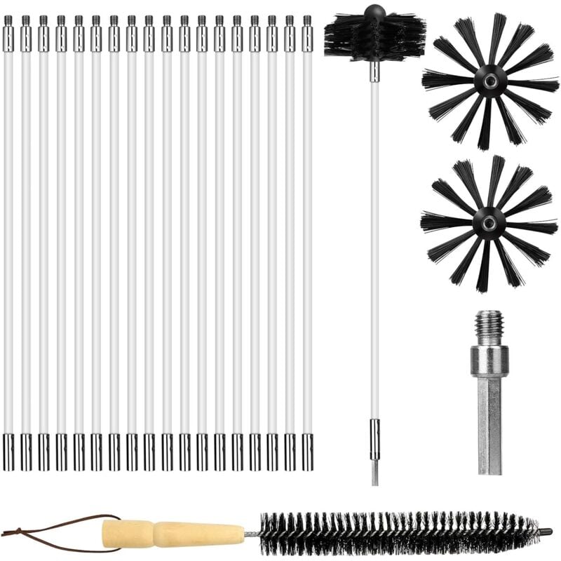 Memkey - 22 Pièces Brosse Nettoyage Cheminée, Ensemble Nettoyage Conduit d'évacuation avec 18 Tiges 2 Têtes Brosse 1 Connecteur 1 Brosse Longue, kit