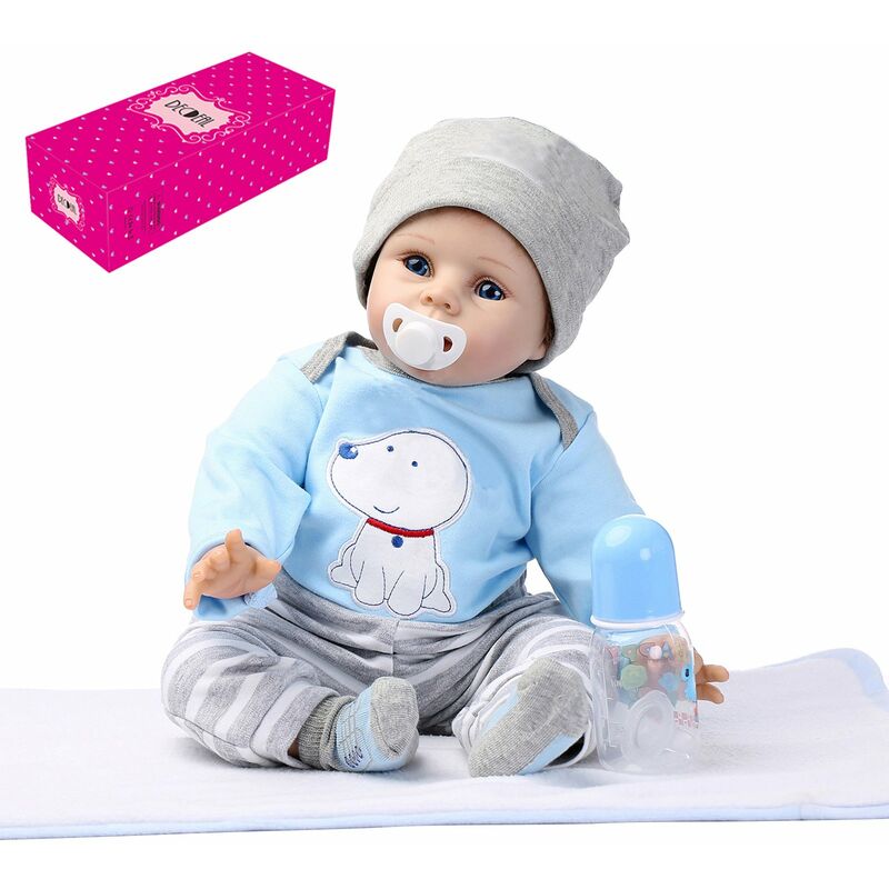 

22 pulgadas 55 cm Reborn Baby Doll Boy Cuerpo de silicona Boneca con ropa Ojos azules Realistas Regalos lindos Juguete Perro azul