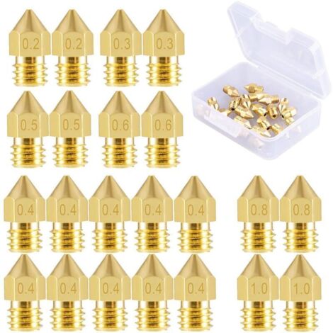 22 Stück Druckerdüsen MK8 Düse 0,2 mm, 0,3 mm, 0,4 mm, 0,5 mm, 0,6 mm, 0,8 mm, 1,0 mm für Makerbot CR-10 3D-Drucker