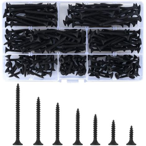 220 Pièces Vis à Bois Autotaraudeuses, M3,5 x (16/20/25/30/35/40/50) mm Vis Autoforeuse à Tête Plate Croisée Noire, Vis à Métaux pour Cloisons Sèches Meubles