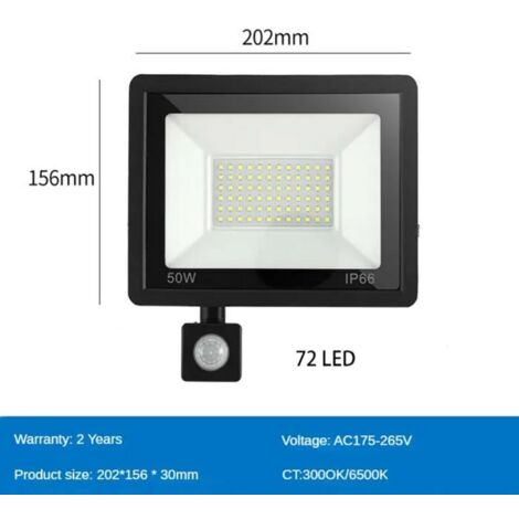 220 V - 50 W - Lumière blanche froide 6500 K - Projecteur LED étanche avec détecteur de mouvement PIR, éclairage extérieur