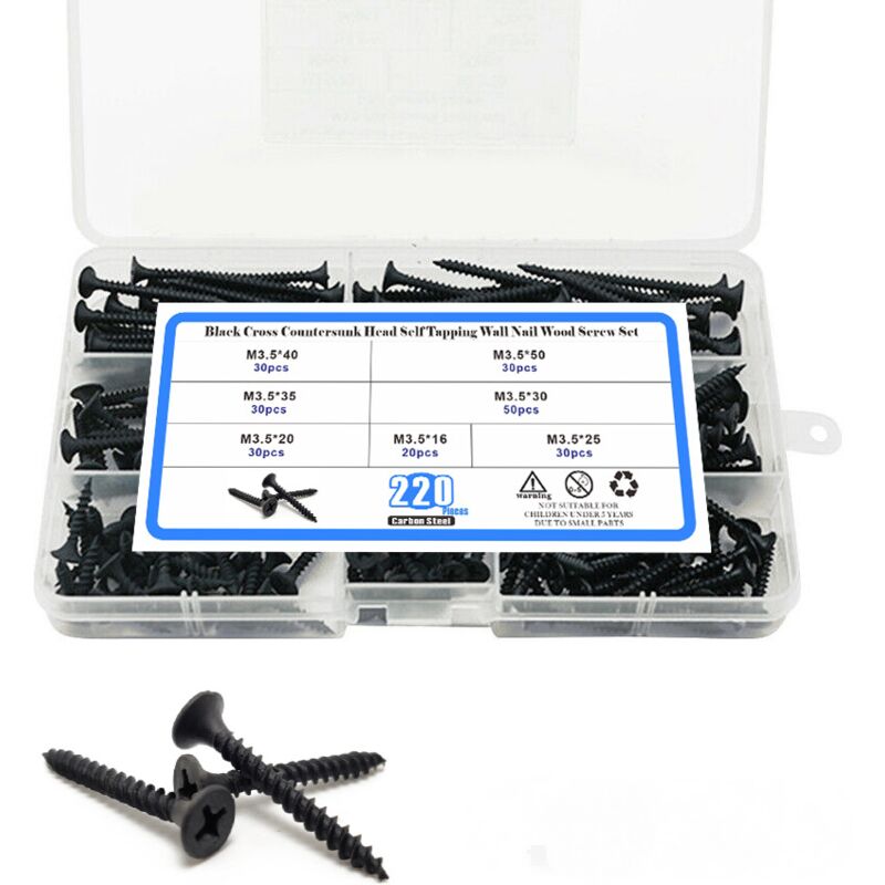220pcs set noir plus croix dure tête fraisée plate vis auto - taraudeuse, vis en bois de plâtre, clous à paroi sèche