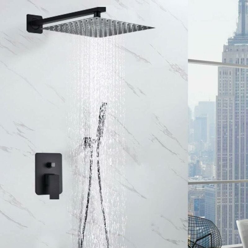 Senderpick - Système de douche encastré - Noir mat - Avec pommeau de douche carré de 30 x 30 cm et robinet de douche