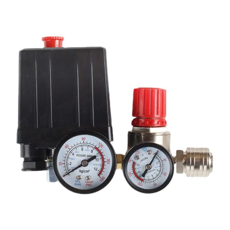 220V Pressostat Compresseur d'Air 4 Trous Regulateur de Pression pour Air Compresseur avec Manomètre Soupape de Sécurité Raccords 90-120 PSI Valve de