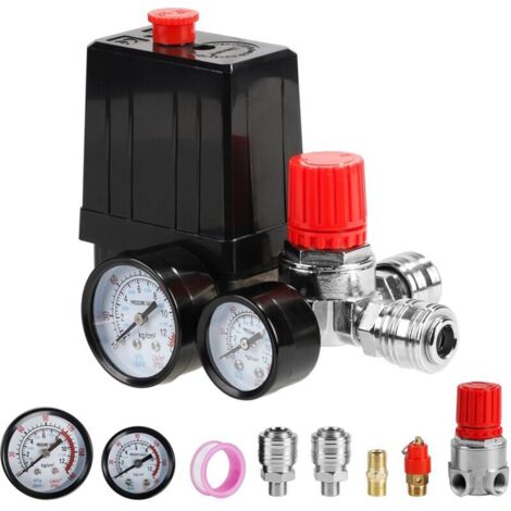 220V Pressostat Compresseur d'Air 4 Trous Regulateur de Pression pour Air Compresseur avec Manomètre Soupape de Sécurité Raccords 90-120 PSI Valve de Contrôle du Pressostat du Compresseur d'Air