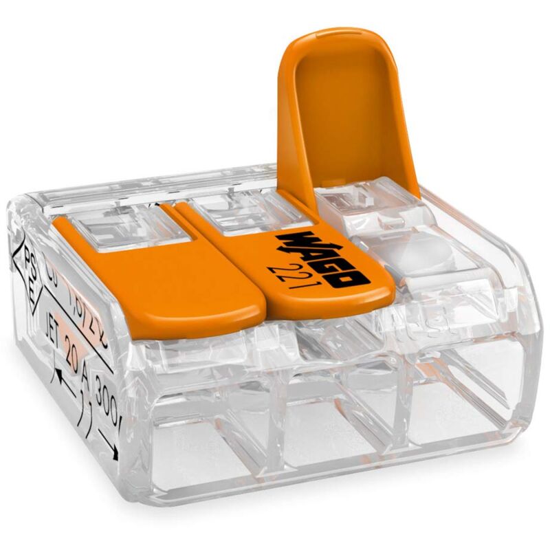 221-413 Borne de connexion 3 fils 0,2 à 4 mm² avec levier de commande, transparent modèle compact, Boite de 50