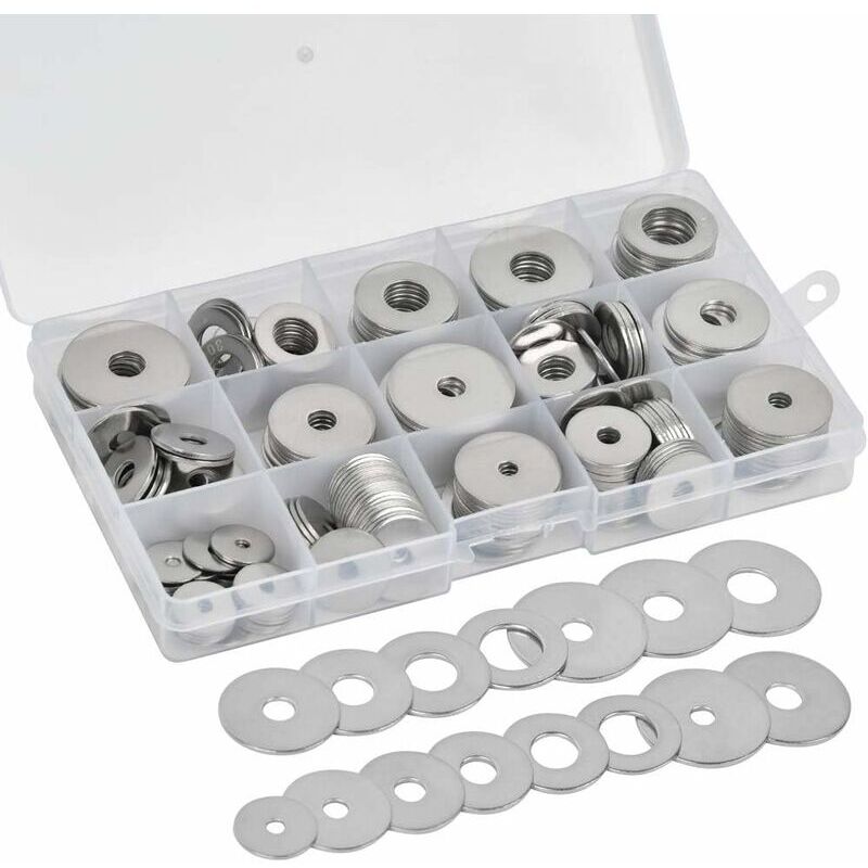 225 304 rondelles plates en acier inoxydable M3 M4 M5 M6 M8 M10 M12 Assortiment de rondelles plates, verrouillage et ensemble d'outils à main