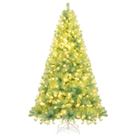 225 cm Arbre de Noël Pré-éclairé, Sapin de Noël Artificiel avec 1300 Pointes de Branches, 550 lumières LED Blanc Chaud, 8 Modes, Socle Métallique,Vert