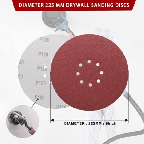 225-mm-Schleifscheibe, 225-mm-Schleifscheibe, 8 Löcher, 50 Stück, 225-mm-Schleifscheiben, 10x Körnung P40/60/80/120/240, selbstklebende Schleifscheiben für Langhalsschleifer, Gipsschleifer