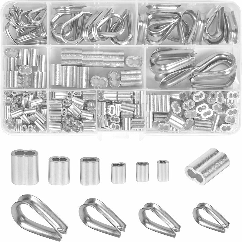 225 Pièces M1.2-M5 Acier Inoxydable Cosses de Câble Métallique et Manchons à Sertir en Aluminium Clips Kit, Manchon de Boucle de Sertissage