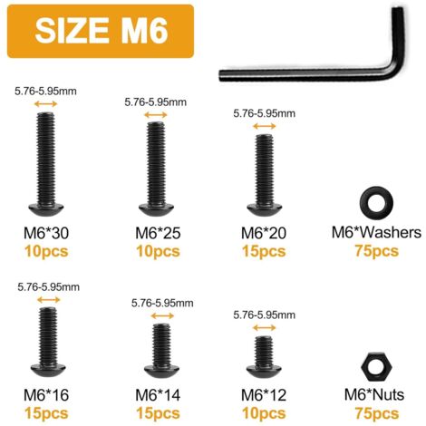 225 viti a testa bombata esagonale M6 x 12/14/16/20/25/30mm, dadi, rondelle, kit combinato, acciaio legato grado 10.9, ossido nero, completamente filettati