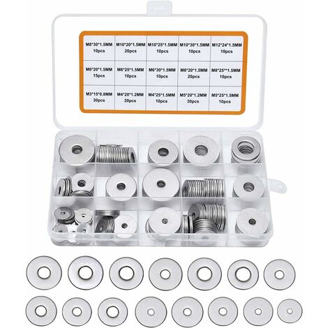 225PCS Rondelles Plates en 304 Acier Inoxydable Assortiment,M3 M4 M5 M6 M8 M10 M12 Rondelle Plate pour L'étanchéité des Vis Bagues D'étanchéité-Livré avec boîte (Gris)