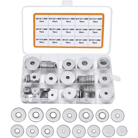 225PCS Rondelles Plates en 304 Acier Inoxydable Assortiment,M3 M4 M5 M6 M8 M10 M12 Rondelle Plate pour L'étanchéité des Vis Bagues D'étanchéité-Livré avec boîte (Gris)