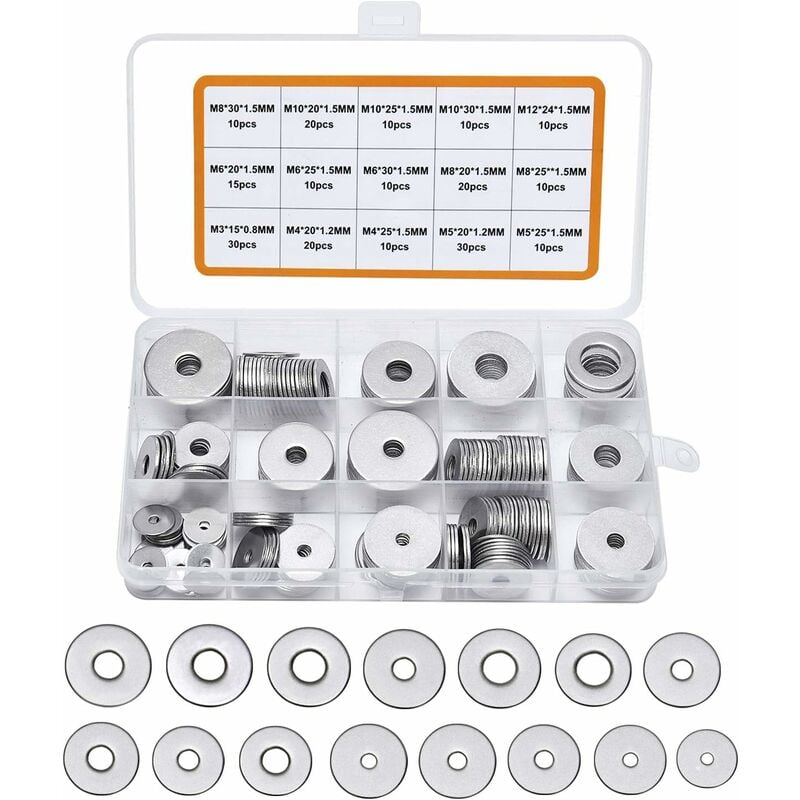225PCS Rondelles Plates en 304 Acier Inoxydable Assortiment,M3 M4 M5 M6 M8 M10 M12 Rondelle Plate pour L'étanchéité des Vis Bagues D'étanchéité-Livré