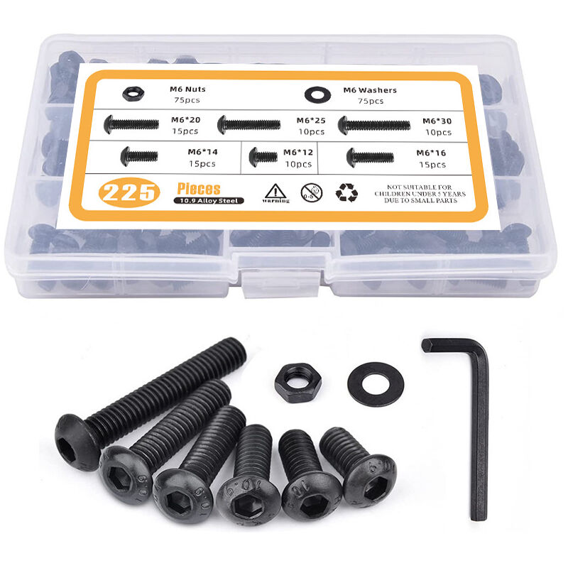 225pcs tête ronde vis hexagonale intérieure, M6 tête de disque vis hexagonale intérieure écrou plat mat boulon boîte