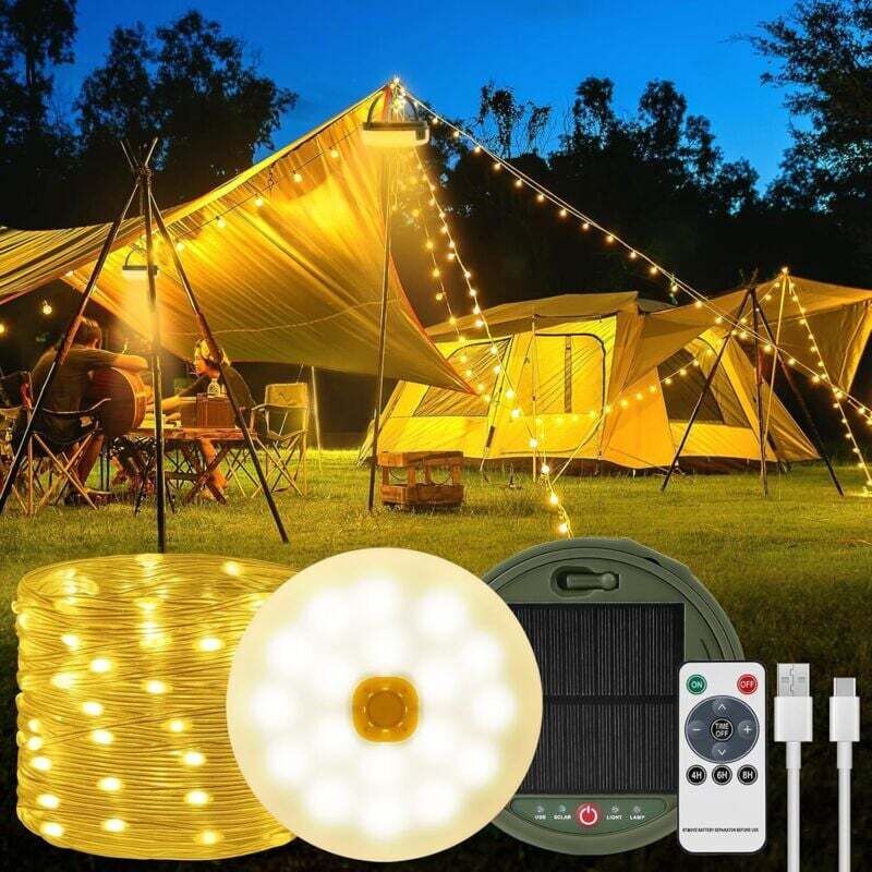 22M Guirlande Lumineuse Escamotable, Solaire et Chargement USB LED Guirlande Camping avec 8 Modes D'éclairage, Télécommande, Étanche Extérieur Lampe