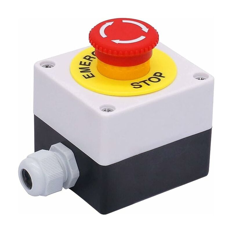 22mm 2 x nc red panel mushroom emergency stop push button station 10A 440V stop switch box one (emergency twist + warning)