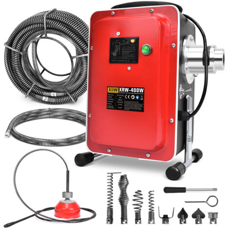 230-240V Profi Rohrreinigungsmaschine mit FI-Schalter, 400W/450 U/min, 30mm bis 100mm, 18.5m Federspule Rohrreiniger Abflussreinige Rohrreinigungsgerät für Spülen, Duschen, Bodenabläufe, mit 8 Köpfe