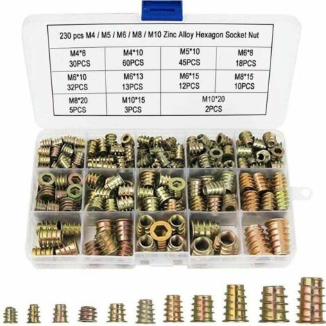 230 Pcs Écrous Hexagonaux M4 M5 M6 M8 M10 avec Inserts Filetés, Alliage de Zinc Insert Fileté Hexagonale Écrous Inserts pour Kit d'outils d'écrou pour Meubles en Bois-