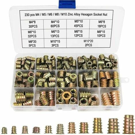 ELIAUK 230 Pcs Écrous Hexagonaux M4 M5 M6 M8 M10 avec Inserts Filetés, Alliage de Zinc Insert Fileté Hexagonale Écrous Inserts pour Kit d'outils d'écrou pour Meubles en Bois-DPZO