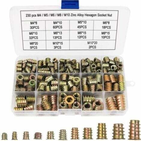 230 Pcs Écrous Hexagonaux M4 M5 M6 M8 M10 avec Inserts Filetés, Alliage de Zinc Insert Fileté Hexagonale Écrous Inserts， pour Meubles en Bois, avec Boîte en Plastique--
