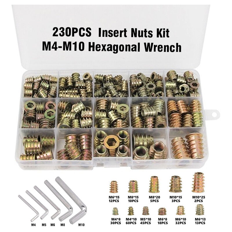 230 Pièces Alliage de Zinc Insert Fileté Hexagonale Écrous Inserts Fileté Insert Écrous Filetage Extérieur M4 M5 M6 M8 pour Kit d'outils d'écrou pour