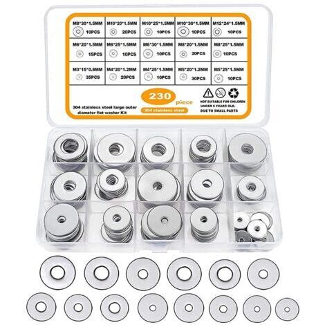 230 Pièces Rondelles Plates Larges, Rondelles en Acier Inoxydable, Rondelle étanchéité Ronde Fixation Meuble pour Vis Boulons, Ensembles d'Outils à Main, M3-M12