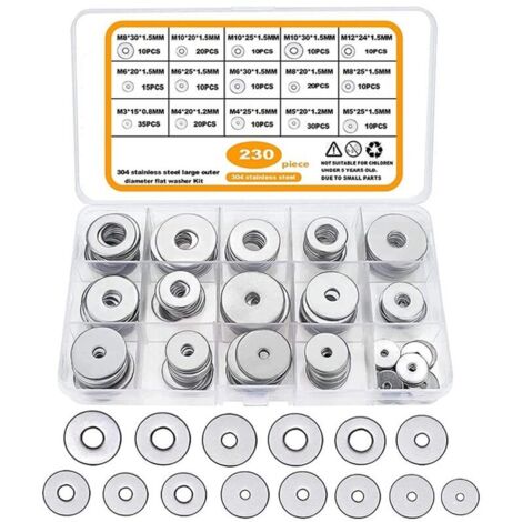 230 Pièces Rondelles Plates Larges, Rondelles en Acier Inoxydable, Rondelle étanchéité Ronde Fixation Meuble pour Vis Boulons, Ensembles d'Outils à Main, M3-M12