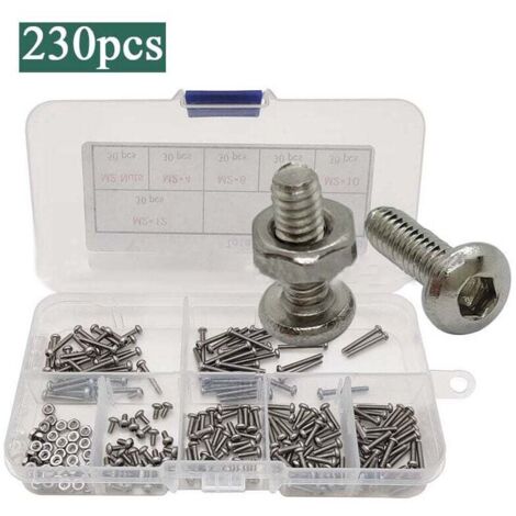 230 tornillos, pernos y tuercas de cabeza hexagonal de acero inoxidable M2 con caja de almacenamiento