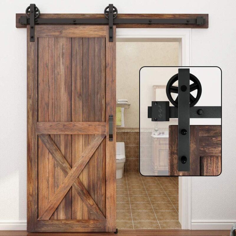 230cm Quincaillerie de porte coulissante de grange en bois Antique Basic Black Big Spoke Wheel Roller Kit Système de rail de support d'armoire de