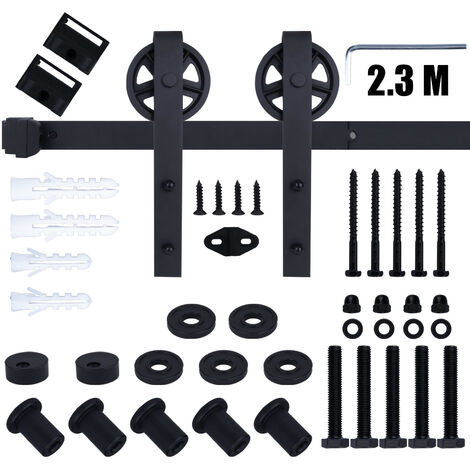 230cm Sliding Door Track, 7.5FT Stainless Steel Sliding Wood Door Hardware Closet Kit with Big Spoke Wheels for Single Door Heavy Duty (Black)