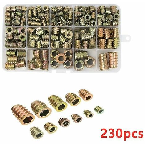 230pcs M4 M5 M6 M8 M10 Hex Nuts with Threaded Inserts, Zinc Alloy Hex Threaded Nuts Inserts for Wood Furniture Nut to