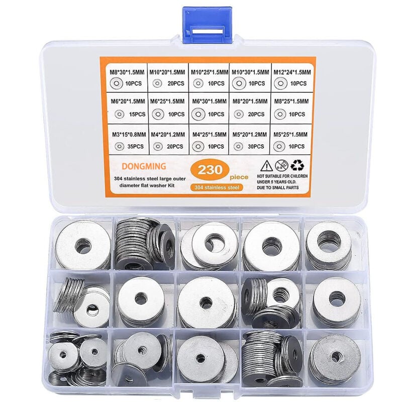 230PCS Rondelles Plates en 304 Acier Inoxydable Assortiment,M3 M4 M5 M6 M8 M10 M12 Rondelle Plate pour L'étanchéité des Vis Bagues D'étanchéité-Livré